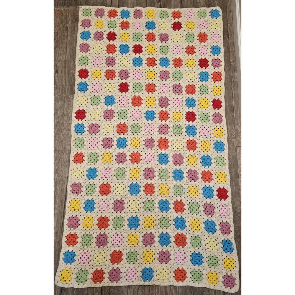 VTG Crochet Afghan Granny Square Lap Chair Blanket Pastel Handmade 62”x 35”